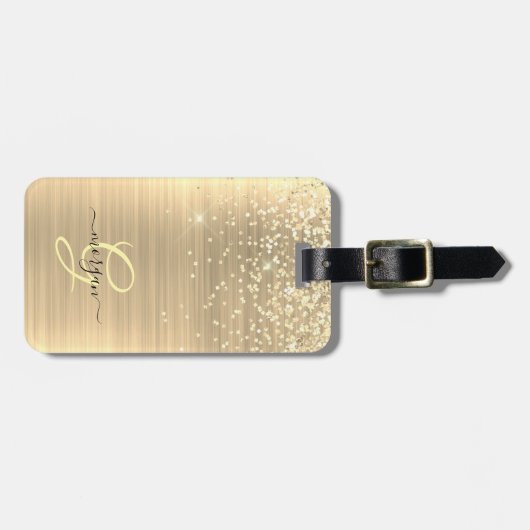 Gold Glitter & Monogram, Black Script Name ラゲッジタグ (正面横)