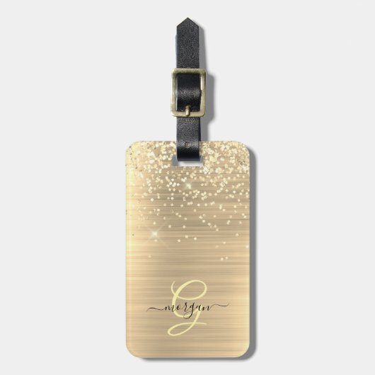 Gold Glitter & Monogram, Black Script Name ラゲッジタグ (正面縦)