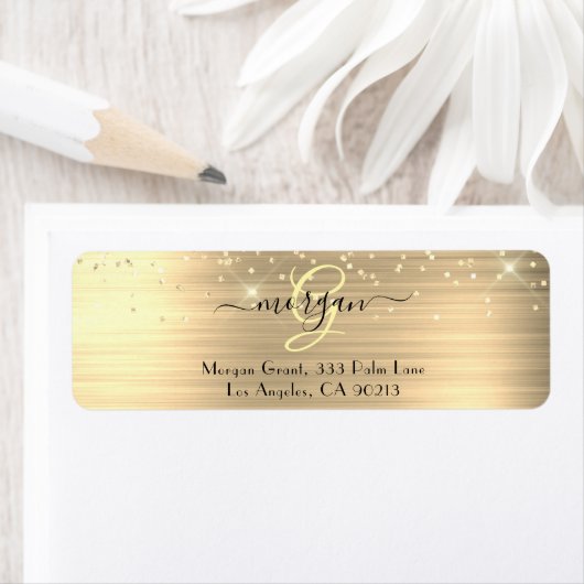 Gold Glitter & Monogram, Black Script Name Address ラベル (インサイチュ)
