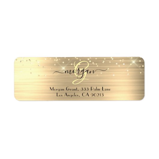 Gold Glitter & Monogram, Black Script Name Address ラベル (正面)