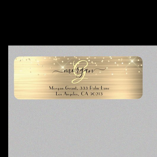 Gold Glitter & Monogram, Black Script Name Address ラベル