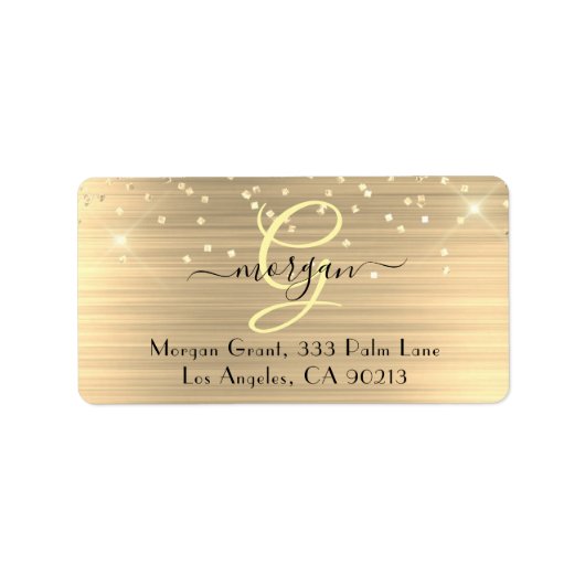 Gold Glitter & Monogram, Black Script Name Address ラベル (正面)