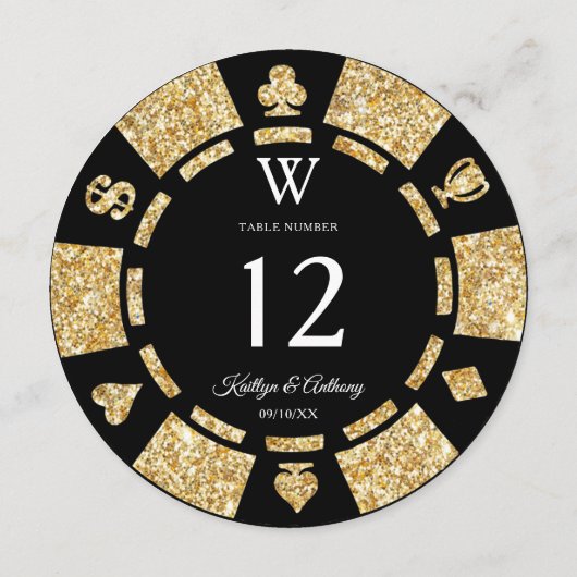 Gold Glitter Monogram Poker Chip Casino Wedding 招待状 (裏面)