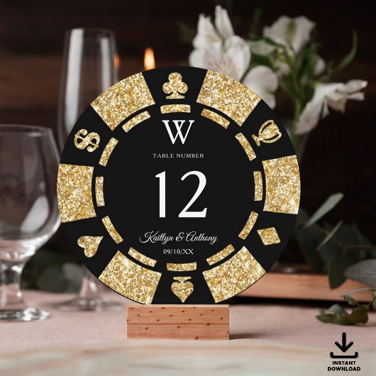 Gold Glitter Monogram Poker Chip Casino Wedding 招待状
