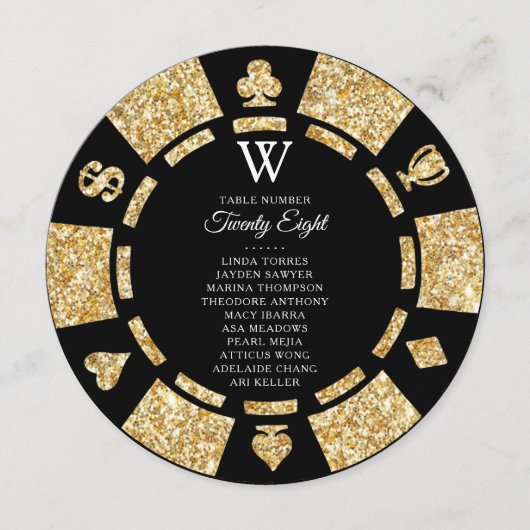 Gold Glitter Monogram Poker Chip Casino Wedding 招待状 (正面)