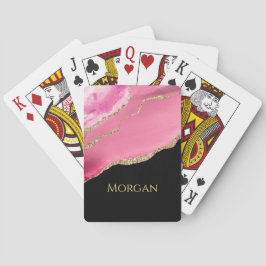 Gold Glitter & Name, Pink Agate on Black トランプ