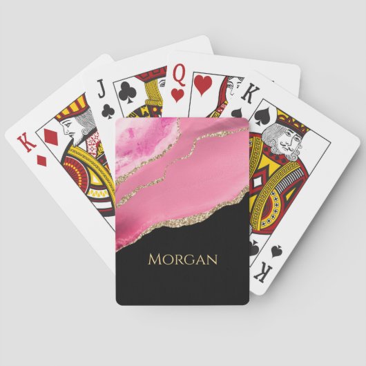 Gold Glitter & Name, Pink Agate on Black トランプ (裏面)