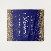 Gold Glitter Navy Blue 50Th Birthday Party Welcome タペストリー (正面(横))