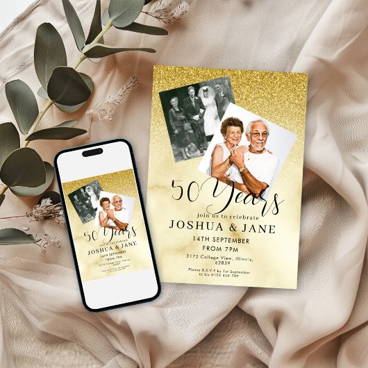 Gold Glitter Photo 50th Wedding Anniversary 招待状