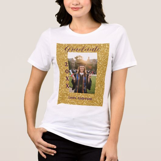 Gold glitter photo graduation add name class text トライブレンドＴシャツ (正面)