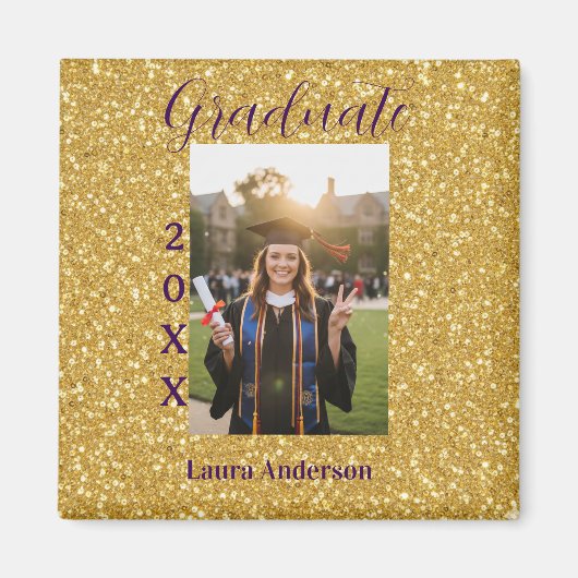 Gold glitter photo graduation add name class text マグネット (正面)