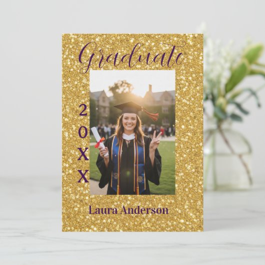 Gold glitter photo graduation add name class text 招待状 (スタンド正面)
