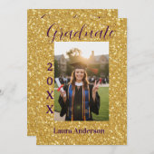 Gold glitter photo graduation add name class text 招待状 (正面/裏面)