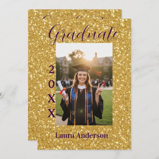 Gold glitter photo graduation add name class text 招待状 (正面/裏面)