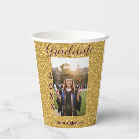 Gold glitter photo graduation add name class text 紙コップ (裏面)