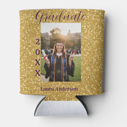 Gold glitter photo graduation add name class text 缶クーラー (正面)