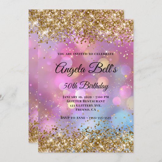 Gold Glitter Pink Bokeh 招待状 (正面/裏面)