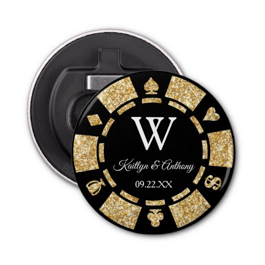 Gold Glitter Poker Chip Casino Wedding Party Favor 栓抜き (正面)