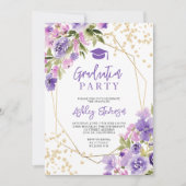 Gold glitter Purple girly floral photo graduation 招待状 (正面)