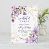 Gold glitter Purple girly floral photo graduation 招待状 (スタンド正面)
