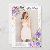 Gold glitter Purple girly floral photo graduation 招待状 (裏面)