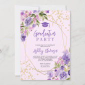 Gold glitter Purple girly floral photo graduation 招待状 (正面)