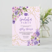 Gold glitter Purple girly floral photo graduation 招待状 (スタンド正面)