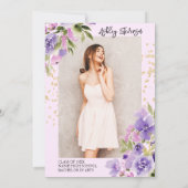 Gold glitter Purple girly floral photo graduation 招待状 (裏面)