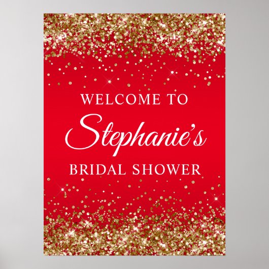 Gold Glitter Red Bridal Shower Welcome ポスター (正面)