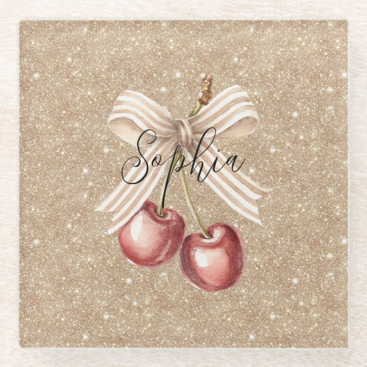 Gold Glitter Red Cherries ガラスコースター (正面)