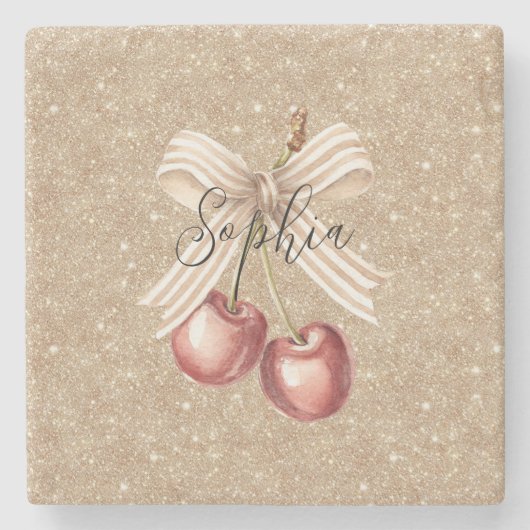 Gold Glitter Red Cherries ストーンコースター (正面)