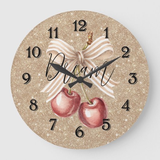Gold Glitter Red Cherries ラージ壁時計 (正面)
