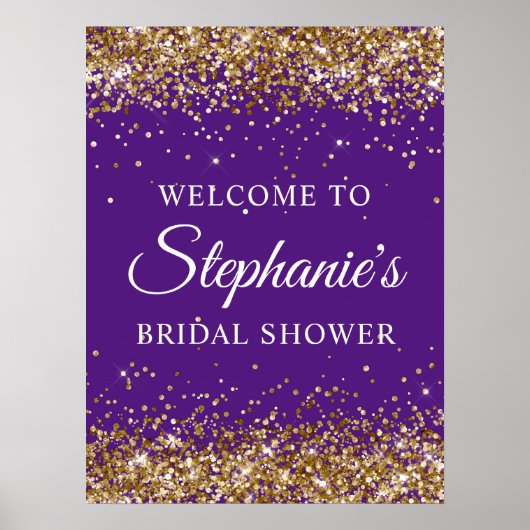 Gold Glitter Royal Purple Bridal Shower Welcome ポスター (正面)