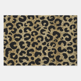 Gold glitter sparkle &black leopard print pattern ラッピングペーパーシート