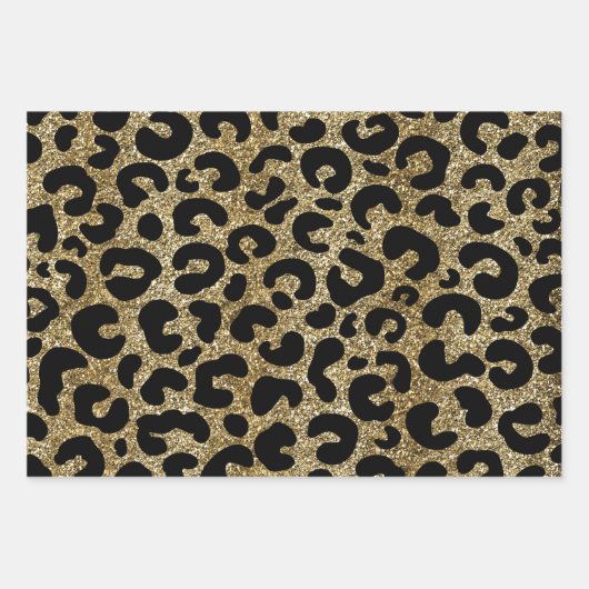 Gold glitter sparkle &black leopard print pattern ラッピングペーパーシート (正面)