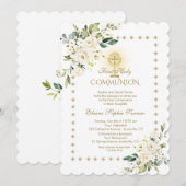 Gold Glitter Sparkles White Floral Holy Communion 招待状 (正面/裏面)