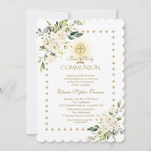 Gold Glitter Sparkles White Floral Holy Communion 招待状 (正面)
