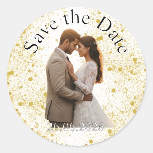 Gold Glitter Splatter Wedding Save the Date ラウンドシール (正面)