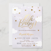 Gold Glitter Stars Clouds Lavender Baby Shower  招待状 (正面)