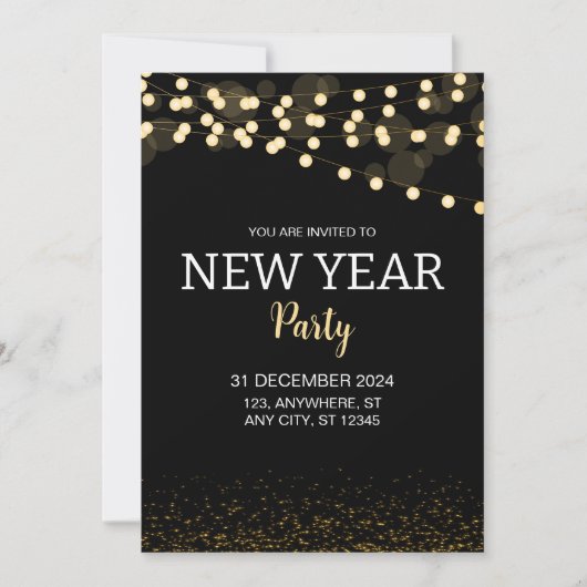 Gold Glitter String Lights New Year's Eve Party 招待状 (正面)