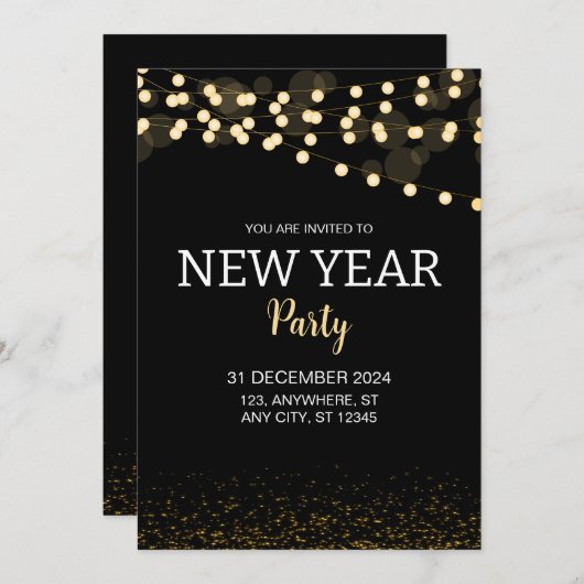 Gold Glitter String Lights New Year's Eve Party 招待状 (正面/裏面)