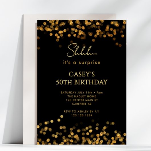 Gold Glitter Surprise 50th Birthday 招待状