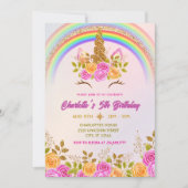 Gold Glitter Unicorn Floral Kids Birthday 招待状 (正面)