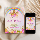 Gold Glitter Unicorn Floral Kids Birthday 招待状