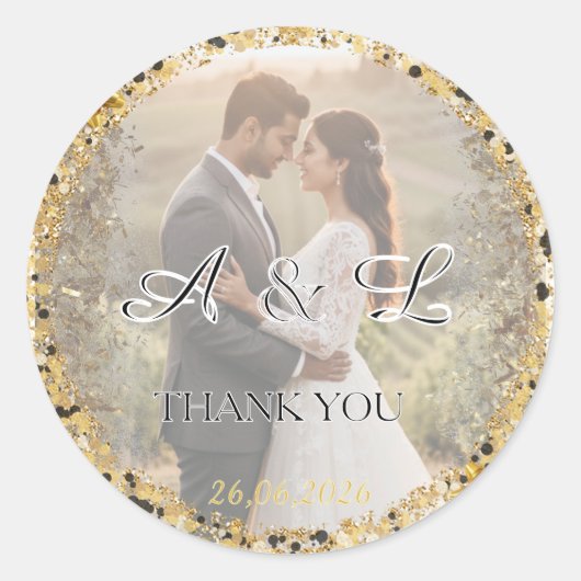 Gold Glitter Wedding Photo A&L Favor ラウンドシール (正面)