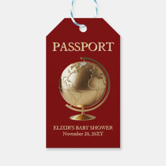 Gold Globe Passport Travel Baby Shower ギフトタグ (正面)