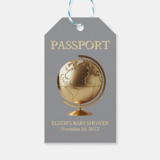 Gold Globe Passport Travel Baby Shower ギフトタグ (正面)