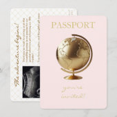 Gold Globe Passport Travel Baby Shower サンキューカード (正面/裏面)