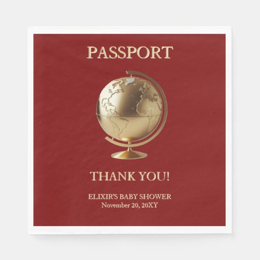 Gold Globe Passport Travel Baby Shower スタンダードランチョンナプキン (正面)