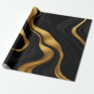 Gold Gradient Swirls on Black Pattern – Luxury ラッピングペーパー